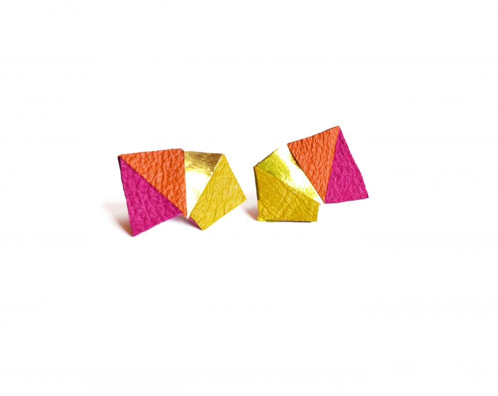 Neon Leather Stud Earrings Geometric Triangle Color Block